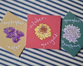 Flor de nacimiento de octubre, Caléndula de cumpleaños, Tarjeta ilustrada botánica de otoño