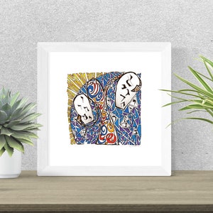 May include: A white framed print with a colorful abstract design featuring blue, yellow, red, and white colors. The design is made up of geometric shapes and patterns.