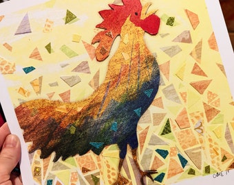 Wild Rooster - 10x10 Layered, Embellished Art Print - Ready to Ship