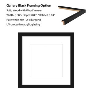 May include: Black picture frame with a white mat and UV-protective acrylic glazing. The frame is made of solid wood with a wood veneer. The frame is 0.88 inches wide and 0.88 inches deep. The rabbet is 0.63 inches. The mat is 2 inches wide all around.