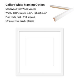 May include: White gallery frame with a 0.88 inch wide solid wood frame and a 2 inch white mat. The frame has a 0.63 inch rabbet and UV-protective acrylic glazing.