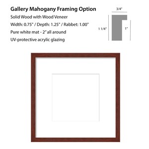 May include: A mahogany wood picture frame with a 0.75 inch wide frame, 1.25 inch depth, and 1.00 inch rabbet. The frame has a 2 inch wide white mat and UV-protective acrylic glazing.