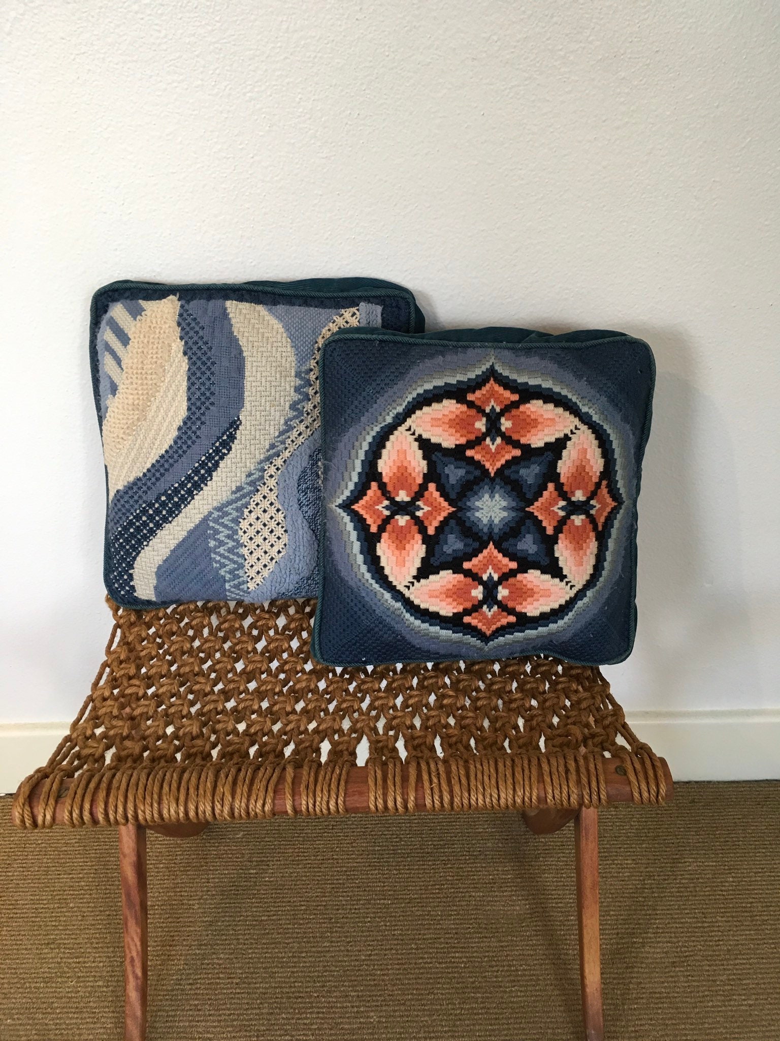 Vintage Blue Yarn Corduroy Throw Pillows 2 Etsy