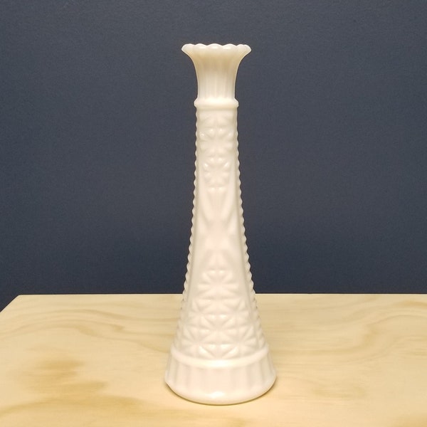 Tall Milk Glass Bud Vase with Star Pattern, Vintage Milk Glass Vase