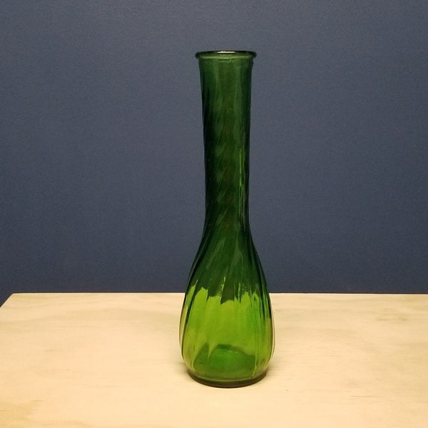 Vintage Green Glass Swirl Vase, Green Bud Vase with Panels, Flower Vase