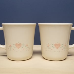 2 Corelle Forever Yours Mugs Cups with Hearts, Vintage Coffee Cups, Corning