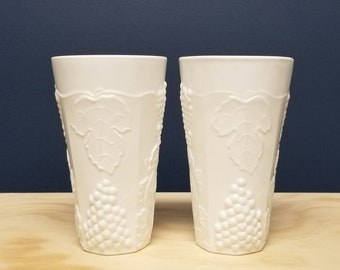 2 Vintage Indiana Glass Colony Harvest Milk Glass Tumblers with Grapes and Leaves