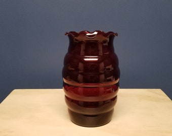 Vintage Red Glass Beehive Vase with Ruffle Edge, Large Red Vase