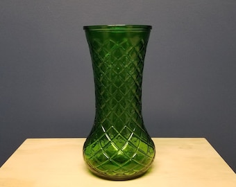 Large Green Glass Vase with Diamond Pattern, Vintage Glass Vase, Hoosier Glass