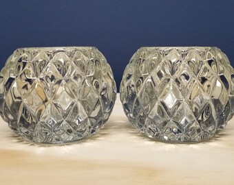 Vintage Geometric Glass Candle Holders for Votive/Tea Light Candles, Diamond Pattern