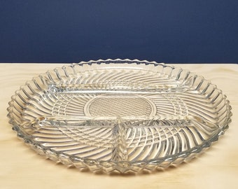 Vintage Glass Divided Plate with Ribbed Design and Sawtooth Edge, Hors d'oeuvres Platter