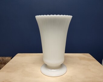 Vintage Milk Glass Vase: Ribbed Pedestal Design, EO Brody Co.