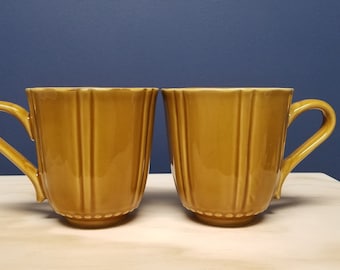 2 Amber Stoneware Mugs with Ribs and Hobnail Detail, Beaded Scallop, LIKE NEW