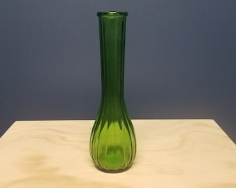Vintage Green Glass Fluted Bud Vase, Paneled Design