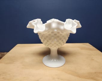 Vintage Fenton Hobnail Bowl, Milk Glass Compote, White Pedestal, Art Glass, Mid-century Centerpiece