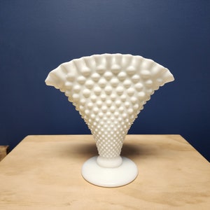 Vintage Milk Glass Hobnail Fan Vase by Fenton, Ruffled Edge, Mid Century Vase