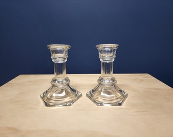 Vintage Glass Candlestick Holders, Hexagon Candle Holders for Taper Candles