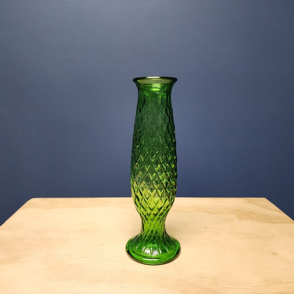 Vintage Green Glass Diamond Vase EO Brody Glass, Retro Glass Bud Vase