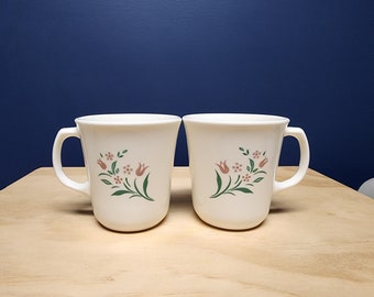 Vintage Corning Ware Rosemarie Pink tulip flower mugs cups, Set Of 2, Corelle