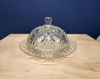 Vintage Glass Butter Dish with Lid, Cheeseball Plate, Round Butter Dish, Starburst and Diamond Pattern, Anchor Hocking