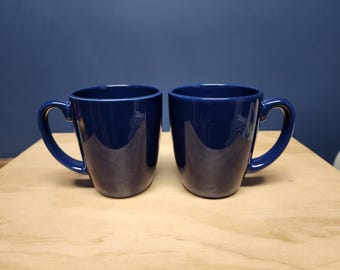 2 Vintage Corelle Mugs, Blue Stoneware Coffee Cups