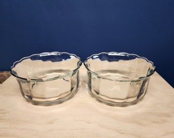 Glass Serving Salad Bowls with Panels and Scalloped Edges, set of 2, vintage