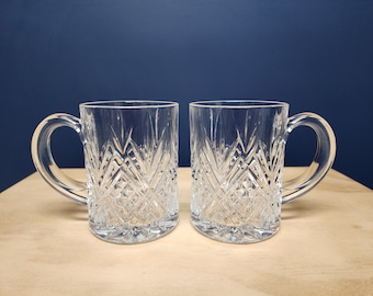 2 Vintage Crystal Coffee Mugs Cups, Diamond and Leaf Design