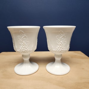 2 Vintage Milk Glass Goblets with Grapes by Indiana Glass in Colony Harvest Pattern