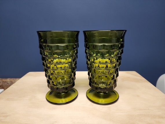 Green Glass Iced Tea Glasses, Vintage Footed Glasses with Cubist Pattern, Colony Whitehall, Set of 2