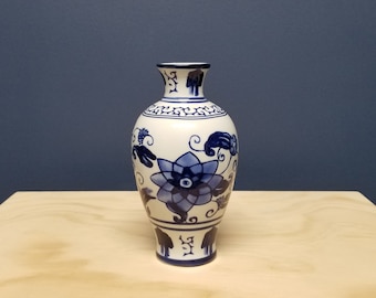 Blue and White Flower Vase, Ceramic Bud Vase, Vintage