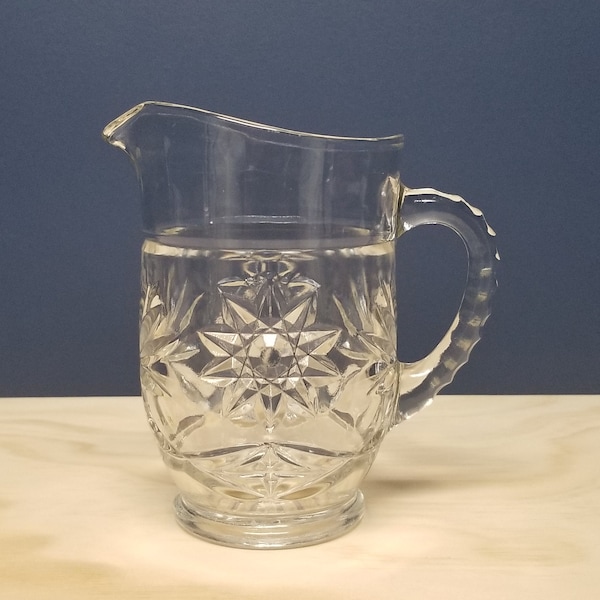 Vintage Pressed Glass Pitcher, Small Clear Glass Pitcher, Anchor Hocking Prescut