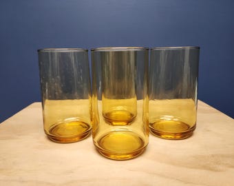 Yellow Glass Juice Glasses Tumblers, Vintage set of 4, Small Amber Drinking Glasses