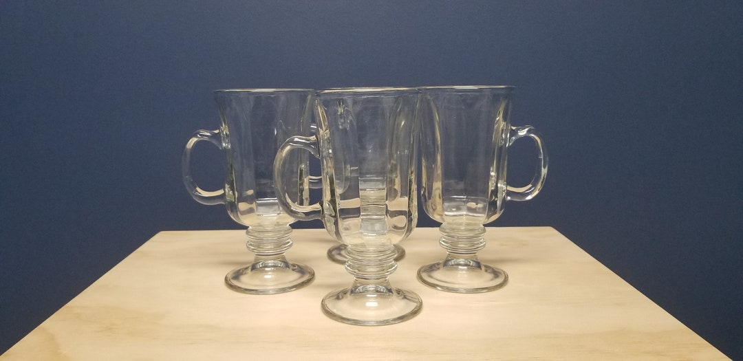 4 Clear Glass Irish Coffee Mugs With Panels, Vintage Glass Coffee Cups