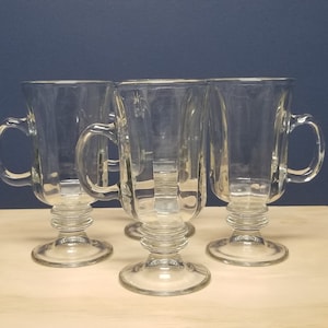 4 Clear Glass Irish Coffee Mugs with Panels, Vintage Glass Coffee Cups with Pedestal Base