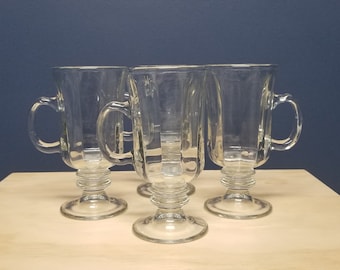 Vintage Irish Coffee Mugs: Clear Glass Pedestal Cups, Set of 4
