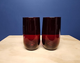 Red Glass Juice Glasses Tumblers, Vintage set of 2, Small Drinking Glasses