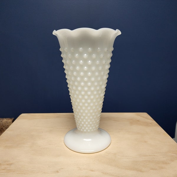 Large Milk Glass Hobnail Vase, Mid Century Flower Vase, Pedestal Base, Ruffle Edge, Anchor Hocking