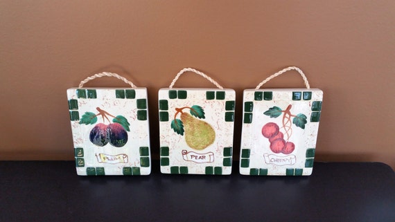 Kitchen Wall Hangings Fruit Decor Fruit Art Kitchen Decor Set Of 3 Plum Pear Cherries 1980s Ceramic Painted Rope Home Decor Vintage