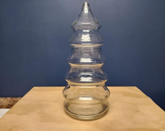 Bote de cristal vintage con forma de árbol de Navidad, bote con tapa, bombonera.