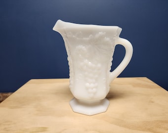 Milk Glass Harvest Grapes Pitcher, Vintage, octagon shaped