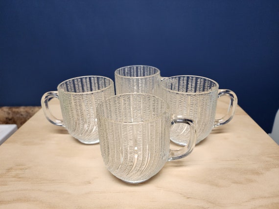 4 Vintage Glass Mugs Cups Glasses ARCOROC Seabreeze Swirl France 