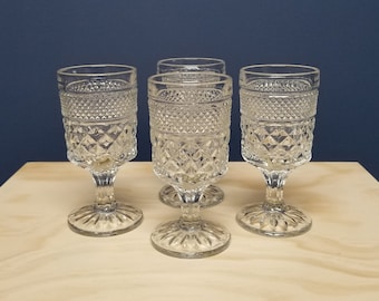 Vintage Anchor Hocking Wexford Glasses, Clear Stemware, Diamond Pattern, Set of Four