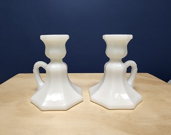 Vintage Milk Glass Candleholders for Taper Candles, Octagon Candlestick Holders