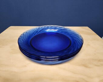 4 Vintage Blue Glass Plates, Cobalt Salad Dessert Plates, Pyrex Festiva