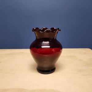Vintage Red Glass Bud Vase with Ruffle Edge,  Anchor Hocking