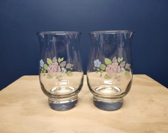 Pfaltzgraff Tea Rose Tumblers, 14 ounce glasses with Flowers, Vintage set of 2