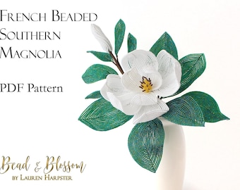 French Beaded Southern Magnolia Pattern - INTERMEDIATE - wire wrapping + seed beads flower (PDF Pattern)
