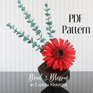 Patrón francés de eucalipto bebé y gerbera con cuentas - NIVEL INTERMEDIO - Manualidad con alambre y cuentas pequeñas (patrón en PDF)