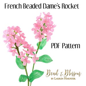 Op de afbeelding: Een PDF-patroon voor een geperde Dame's Rocket bloem, met roze bloemen en groene bladeren. Het patroon is getiteld "French Beaded Dame's Rocket" en is van "Bead & Blossom by Lauren Harpster".