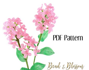 May include: A PDF pattern for a beaded Dame's Rocket flower, featuring pink flowers and green leaves. The pattern is titled "French Beaded Dame's Rocket" and is by "Bead & Blossom by Lauren Harpster".
